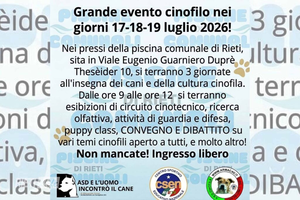 Rieti, tre giorni dedicati ai cani: dimostrazioni, convegni e prove gratuite alla Piscina comunale