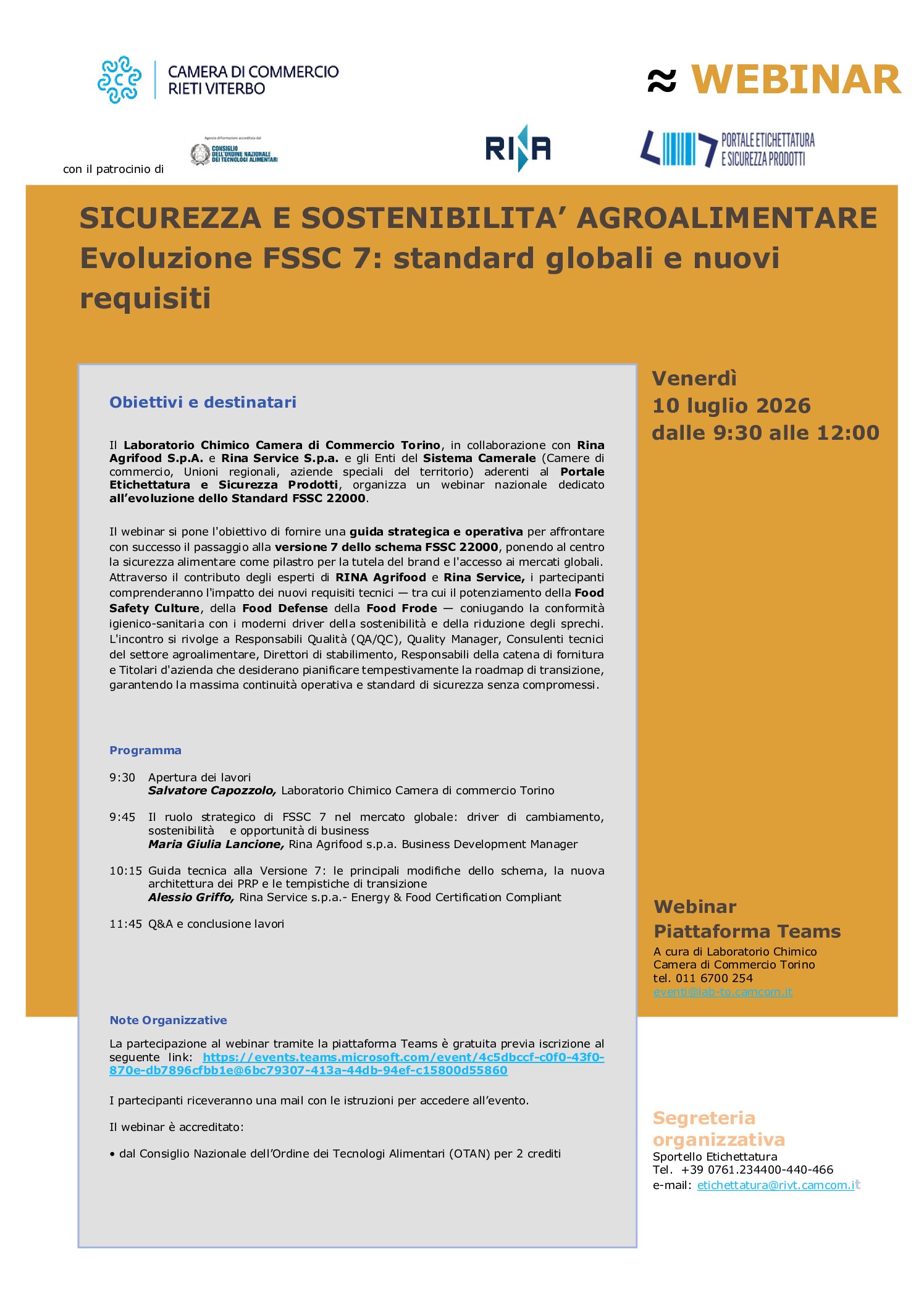 Sicurezza alimentare, webinar gratuito della Camera di Commercio su FSSC 22000 versione 7