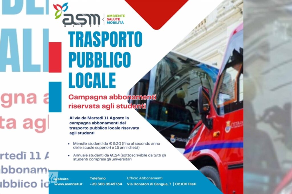 Trasporto pubblico, al via gli abbonamenti studenti di ASM Rieti: mensile a 9,30 euro