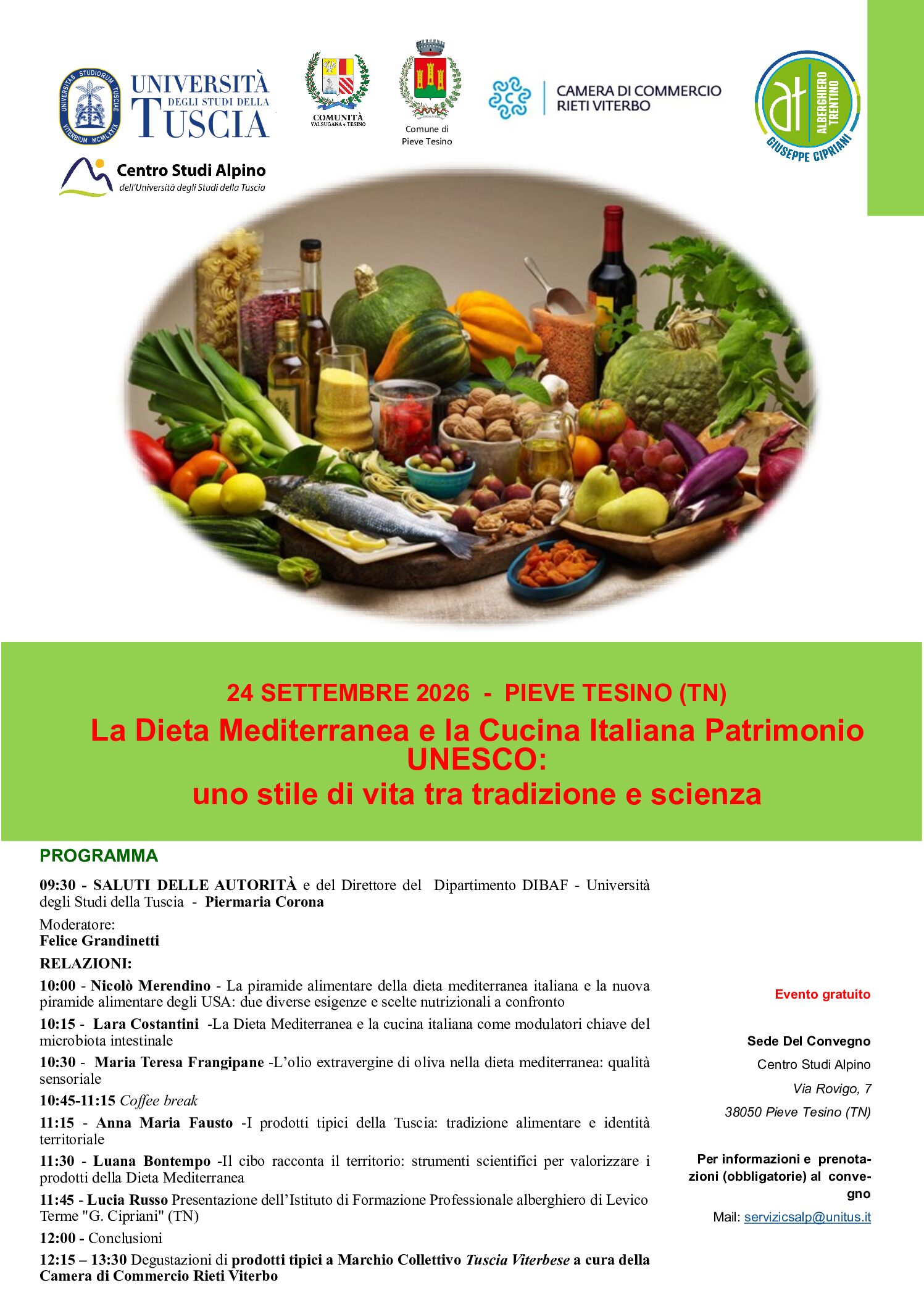 Dalla Tuscia al Trentino, la Dieta Mediterranea al centro di un convegno a Pieve Tesino